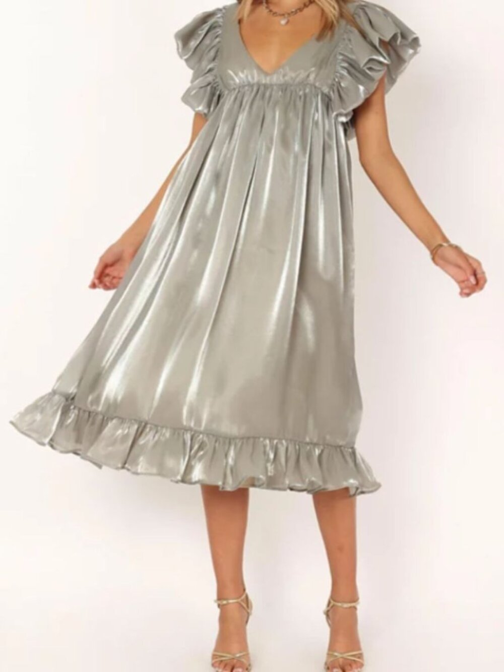 Arula Babydoll Midi Dress 2X Green Satin Sheen Ruffle Short Sleeve Formal Party